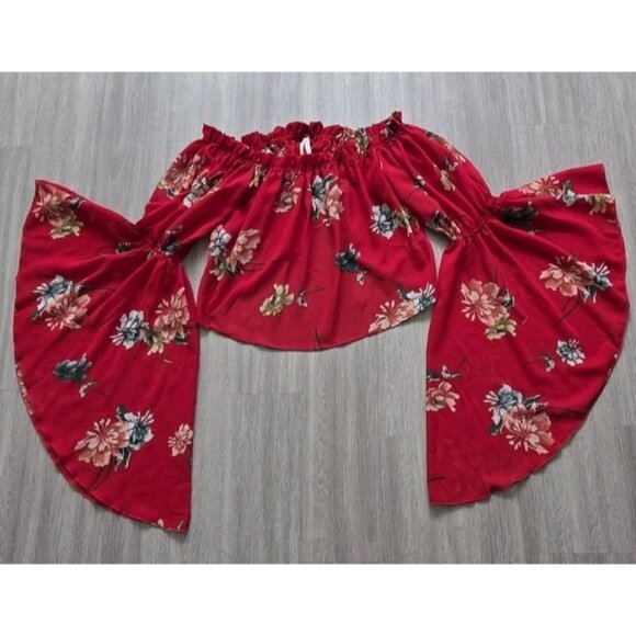 Live 4 Truth Red Floral Off Shoulder Peasant Blouse Bell Sleeve Boho Top L - Picture 2 of 10